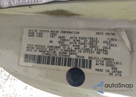 1990 Toyota Pickup 1/2 Ton Sht Wheelbase Dlx from USA, damaged, VIN JT4RN01P2L7034845